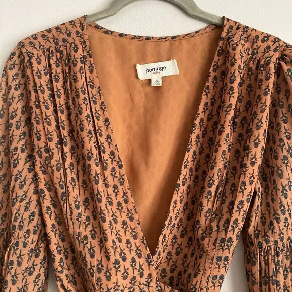 Anthropologie PORRIDGE Puff Long Sleeve Wrap Blouse Size Small Brown Floral - Picture 3 of 8